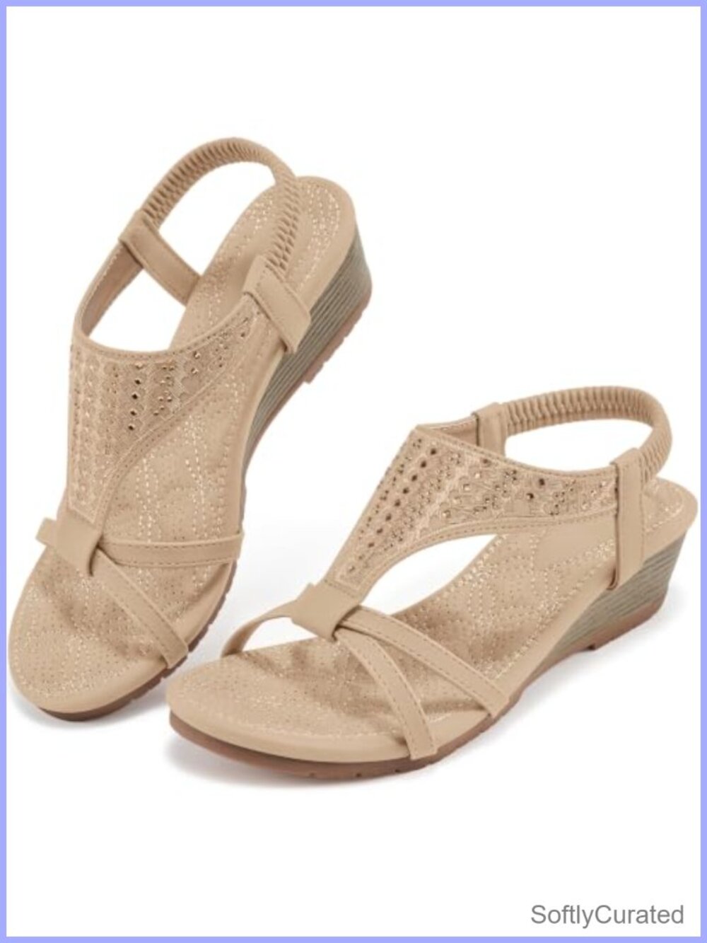 Wedge Sandals Open Toe Elastic Ankle Strap Faux Leather Summer Shoes